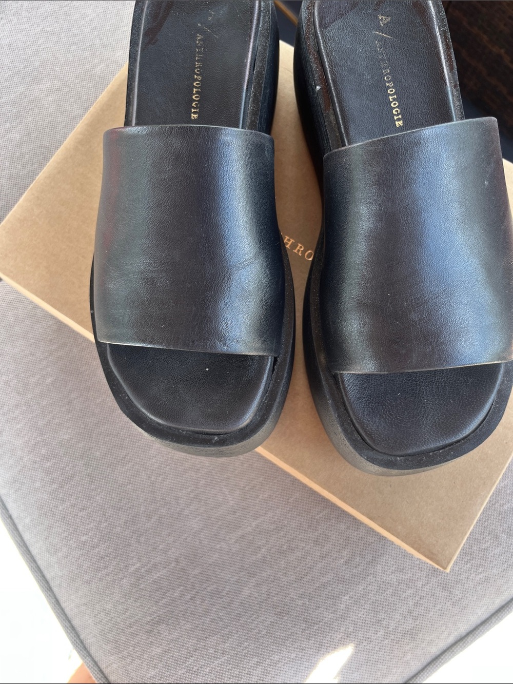 Anthropologie Black Leather Slide Mules